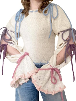 Жена оборудвана вязаный пуловер в стил мозайка, пуловери с изгорени дълги ръкави и деколте в стил мозайка, върховете Y2k