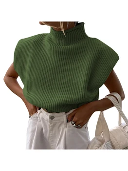 Жена пуловер вязаный дантела жилетка, пуловер с висока воротом без ръкави, с оребрени подолом за уютен и стилен наслояване
