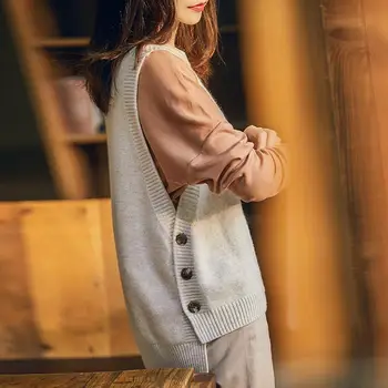 Жена пуловер, жилетка, яке без ръкави, пролет-есен, вязаный жилетка, свободна пуговица, корейската мода, търговия на едро, големи размери, топлина, ретро, новост