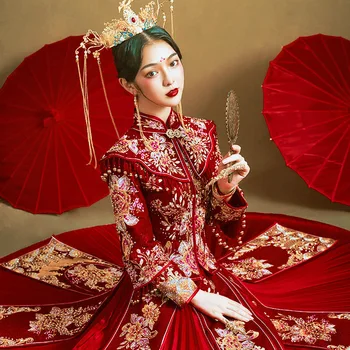 Жена сватбена рокля с бродерия на цветя в традиционен китайски стил, облекло за наздравици, винтажное вечерна рокля