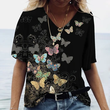 Женска тениска с принтом пеперуди, 3D Памук, V-образно деколте, Модни Блузи с къс ръкав, 2022, Ежедневни Базова Дрехи за момичета, Дрехи в стил Харадзюку