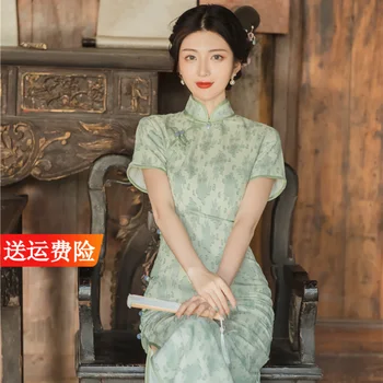 Женствена рокля ципао, традиционни китайски костюми, винтажное елегантна зелена рокля Чонсам с висока цепка и къс ръкав, летни сладки тънки рокли