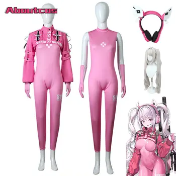 За нова игра Nikke Alice, cosplay костюм, Перука, слушалки, секси латексный гащеризон, боди, розов гащеризон, яке, костюм за жени, момичета