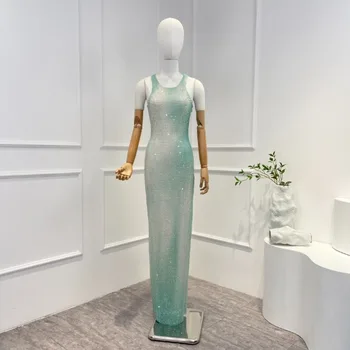 Зелена градиентное диамантен блестящо дебнещ дълга рокля без ръкави 2023, висококачествена и модерна лятна есенна дамски дрехи