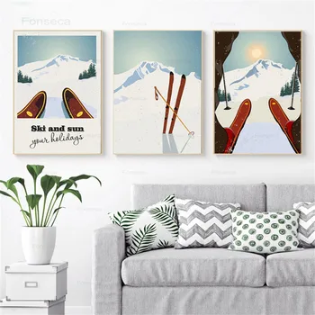Зимните спортове са Каране на ски художествен плакат скандинавски реколта картина на платно за пътуване Модерна декорация на дома, стенни картини за хол