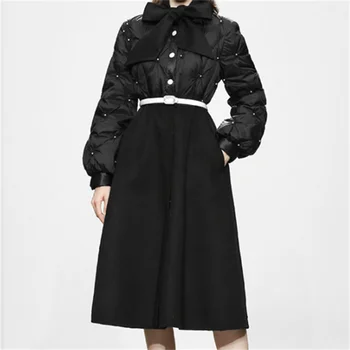 зимно дамско вълнена памучно палто с нитове, черна, дълга, утолщенное до кръста, над коляното, вълнена, сшитое от памук палта
