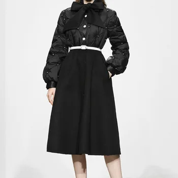 зимно дамско вълнена памучно палто с нитове, черна, дълга, утолщенное до кръста, над коляното, вълнена, сшитое от памук палта