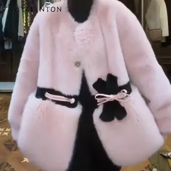 Зимно дамско палто със средна дължина, с дълъг ръкав от изкуствена кожа, сохраняющее топлина, дизайн, тежка промишленост, ежедневни тенденция елегантен модерен яке