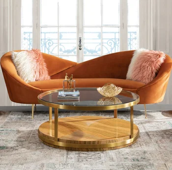 Златна стомана стъбло Лунен дизайн Дървен диван за хола Италиански velvet текстилен крива диван