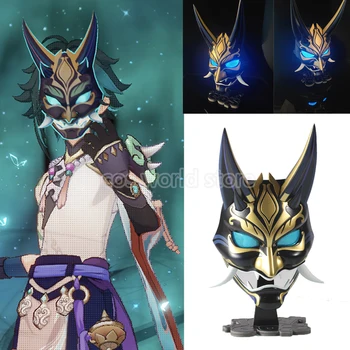 Играта Genshin Impact Xiao Cosplay, led маска, каска за възрастни, Хелоуин, карнавал, маска с рога на демон, на маскарадните вечерни маски за лице