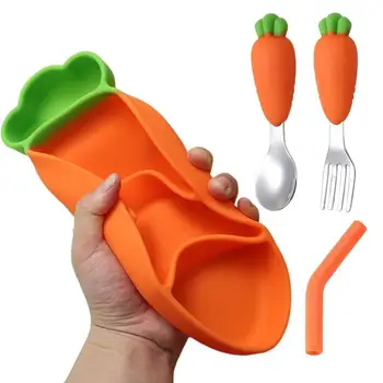 Издънка за дете, 4 отделения, чинии за самостоятелно хранене на малки деца, бебешки силиконови кът чиния във формата на моркови, посуда и прибори за хранене