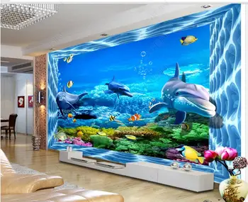 изработена по поръчка стенопис 3d фотообои космически подводен свят Декорация на всекидневна с делфини интересни тапети на стената