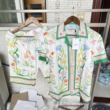 Истинска снимка Комплект ризи Казабланка-за мъже и жени, висококачествен комплект с флорални принтом, почивки, Ежедневни свободна риза с къс ръкав, костюм