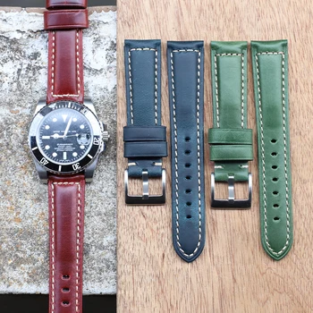 Каишка за часовник от естествена кожа, 18 мм, 20 мм, 22 мм, зелен, син, ретро каишка за часовник, разменени гривна, ръчно ред, каишка за часовник