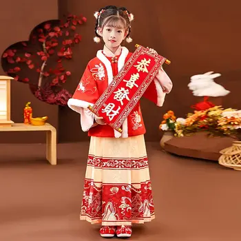Китайската коледна облекло 2023, дрехи за момичета, костюми от епохата на Тан, детско рокля Ханфу, традиционни костюми за народни танци за момичета, дрехи