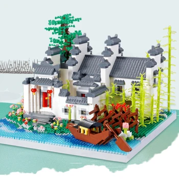 Китайски воден град Цзяннань 3D микрочастици, като градивен елемент на MOC Архитектура на древния град Сглобяване на пъзел тухла за детски подарък