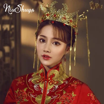 Китайските сватбени аксесоари NiuShuya, червени шапки за младоженци, ретро короната на феникса, класически украшения за коса от емайл с фигури тъкан
