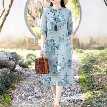 Китайското Подобряване на рокля Чонсам От памук и Лен В Ориенталски Стил, Традиционната Рокля Чонсам Трапецовидна форма, Винтажное Рокля Ципао