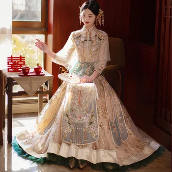 Китайското сватбена рокля с пайети цвят на шампанско в китайски стил, ретро традиционен ретро Чонсам, женски Ципао с пискюли, расшитый мъниста
