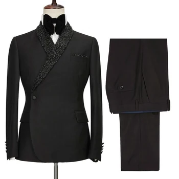 Класически черни мъжки костюми, луксозен мъжки блейзър с ревера във вид на шалове на една пуговице, смокинг за абитуриентски бал, сватба смокинг, 2 броя, модерен случайни оборудвана костюм