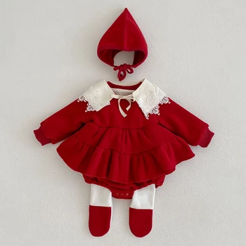 Коледен гащеризон за новородени момичета, зимно червено боди принцеса с шапка за бебета, плътен памучен детски дрехи за момичета 0-18 м
