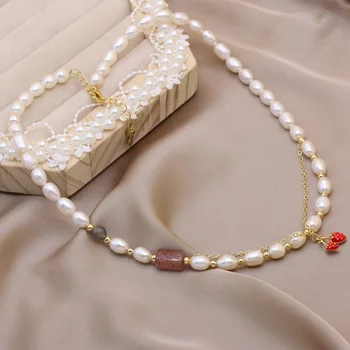 Колие от естествени перли, перфорирана ориз топчета с неправилна форма, за жени, бижута, подарък за банкет, украса за момичета