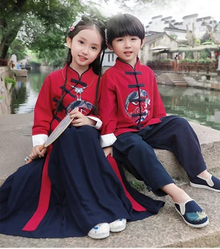 Комплект детски дрехи с традиционна бродерия журавля в китайския Ханфу, детски костюм Тан, празнична рокля за момичета, блузи в стил кунг-фу за момчета, поли, панталони