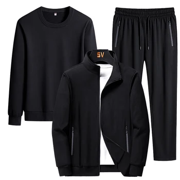 Комплект от 3 теми, мъжки модерен есенен спортен костюм, ежедневни hoody + руното топло яке + панталон за джогинг, спортен костюм, спортен костюм голям размер