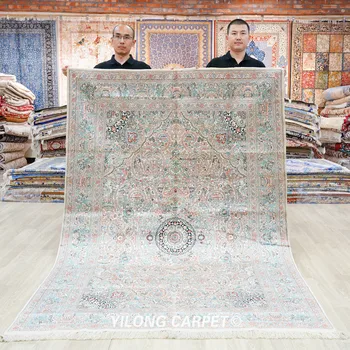 Копринен персийски килим, ръчно изработени 152x244 см, трайни подложки с цветя по целия периметър (SLF177B)