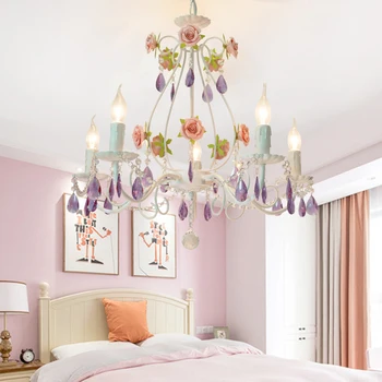 Корейската градински цветя полилей, стая за принцеси за момичета, романтично лилава кристален лампа за спални, ресторант, осветление от ковано желязо с рози
