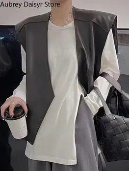 Корейски модерен черна кожена жилетка, дамско кожено яке без ръкави в стил хай стрийт в стил пънк, новост 2023, безплатни ежедневни жилетки, връхни дрехи