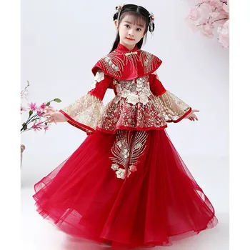 Костюм Ханфу Чонсам за момичета, дрехи за нова година на фестивала на пролетта 2022, зимна дебел халат, топли детски червени рокли