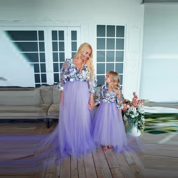 Красиви Тюлевые Рокли с 3D Цветен Аппликацией и V-образно деколте За жени и Момичета, Трапециевидное Драпированное Дълга Вечерна Рокля, Дрехи за мама и мен, Сшитое по поръчка