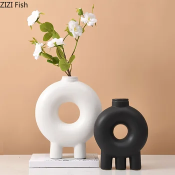 Креативна керамична ваза, куха художествена черно-бяла абстрактна геометрия, кръгла форма, бижута ръчна изработка, ваза за цветя, декорация на дома