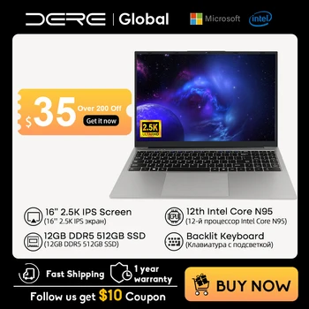 Лаптоп DERE R16 Pro 16 инча 2.5 K IPS Intel N95 12 GB DDR5 512 GB SSD Клавиатура с подсветка работа с Компютър, Windows 11 Лаптоп
