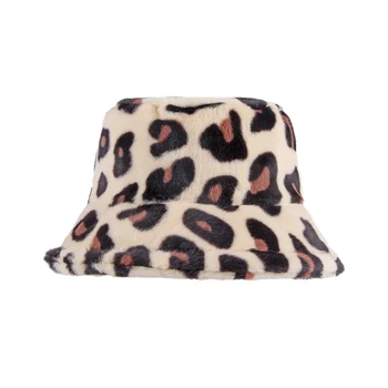 Леопардовая шапка с плосък покрив, есен-зима, рибарска шапка от изкуствена кожа заек, водене жив топлина, Модерна новост за момичета, дамска шапка-кофа