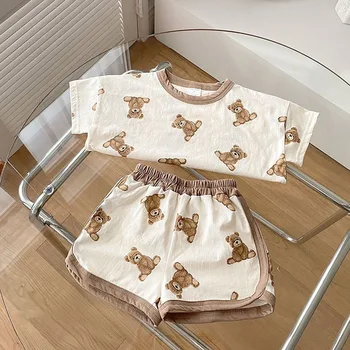 Летен комплект детски дрехи за малки момчета, костюм с мечка, памучен тениска и къси панталони, дрехи за бебета, дрехи за момиченца, дрехи за малките момичета