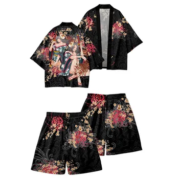 Летен костюм-двойка, ретро японски свободен жилетка, най-новият комплект кимоно с флорални принтом Хаори Юката, панталони с демоническим принтом
