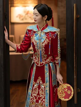 Луксозен женски костюм с бродерии от мъниста и кисточек в стил Тан, червено китайското традиционната сватбена рокля, дълга рокля на булката в ориенталски стил