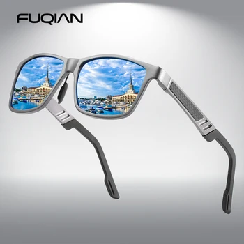 Луксозни алюминиево-магниевые поляризирани слънчеви очила FUQIAN, мъжки класически квадратни слънчеви очила сини нюанси, слънчеви очила за шофиране Gafas De Sol