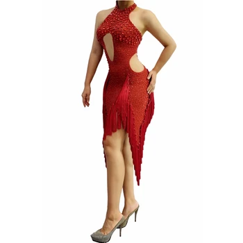 Луксозни модерни рокли за латино танци с блестящи червени кристали, дамски секси обещаващи рокля с отворен гръб и ресни, клубни костюми с диаманти