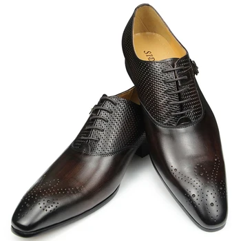 Луксозни мъжки Бизнес обувки от естествена кожа, Модерен Сватбени Oxfords дантела с остри пръсти, Черни, Зелени, Кафе на Модела обувки-броги