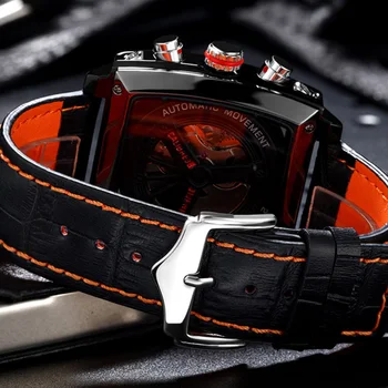 Луксозни мъжки механични часовници Класически квадратни кожени автоматични часовници с турбийоном, мода водоустойчив спортни часовници, подарък за мъже