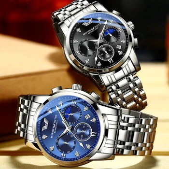 Луксозни Мъжки часовници е от неръждаема стомана, водоустойчив ръчен часовник с хронограф, модерен мъжки часовник, бизнес кварцов часовник с дата, високо качество