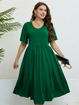 Лятно зелено дебнещ рокля с кръгло деколте и талия, дамски дрехи големи размери, елегантни рокли за жени
