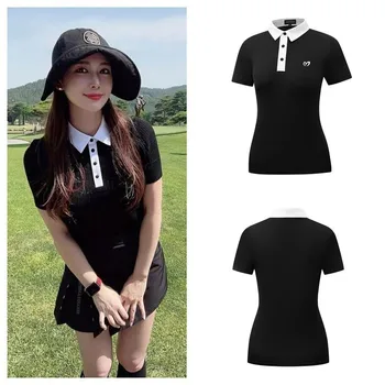 Лято корейски дрехи за голф, женска тениска с къс ръкав, оборудвана най-модерен е черно-бяла класическа риза с къси ръкави