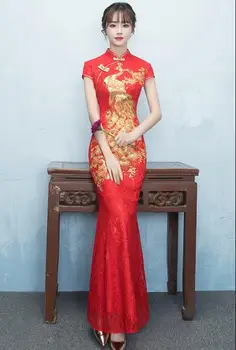 Лятото китайското сватбена рокля Женско Червено дантелено Чонсам с бродерия Златен Феникс Винтажное Дълго за булката