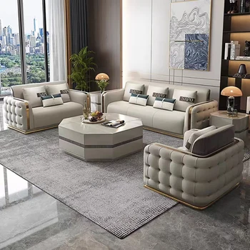 Мебели за хол с катарама в американски стил, модерен и луксозен кожен диван за трима души