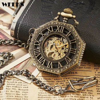Механични джобен часовник с римски цифри, луксозни антични бронзови часовници в стил steampunk с виртуален скелет, ключодържател-верига, мъжки, женски, се събират, подаръчни