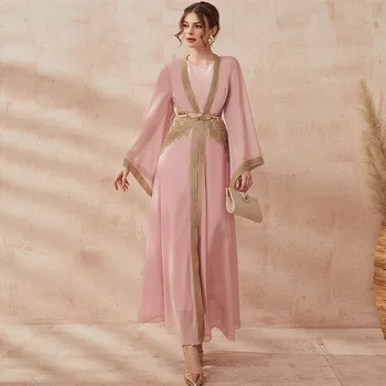 Мода 2023, ново мюсюлманското женско кимоно, открита абайя с вътрешен рокля, комплект от 2 теми, облекло за сватбеното парти в Дубай, турски кафтан, колан Джилбаб